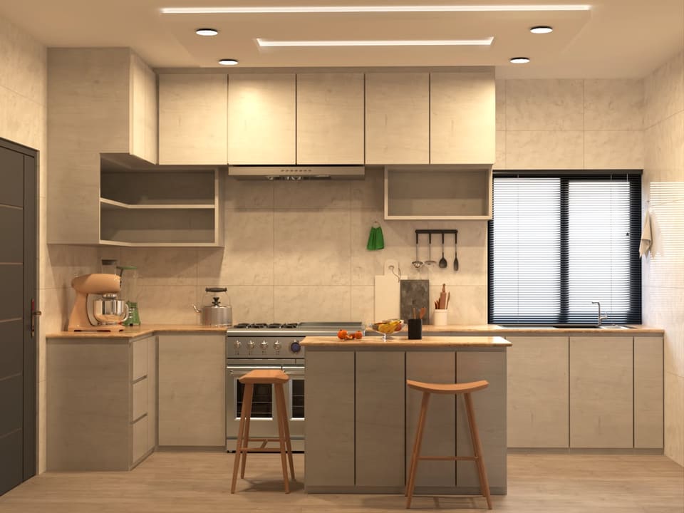 3D render of the kitchen island and cove-lit POP ceiling — Lagos
