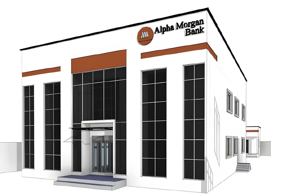 3D render of the proposed Alpha Morgan branch with tall glazed windows — Sango Otta, Ogun State