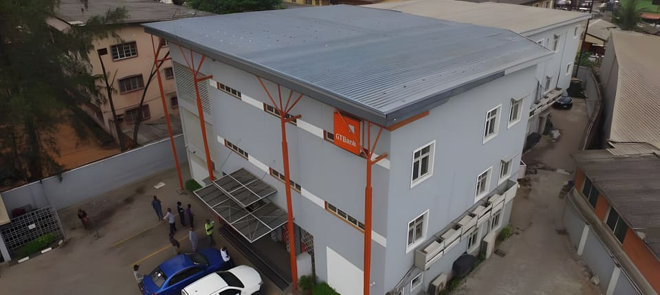 Aerial view of the branch roof, facade and entrance canopy — Onipanu, Lagos