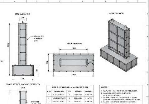 Engineering drawing of a base plinth mould: plan and elevations — Lagos