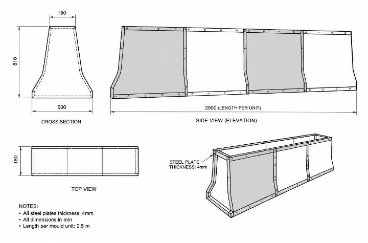 Engineering drawing of a culvert mould: side, top and perspective views — Lagos